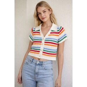 Cropped Striped Crocheted Polo Sweater Shirt Women Size S Colorful Short Sleeve